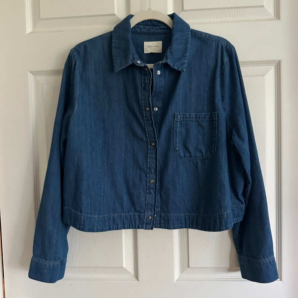 Sezane Maella Crop Denim Shirt Jacket Deep Blue Sz 42/10